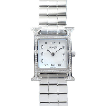 Hermes H Watch Ladies Diamond Bezel Shell Dial Stainless Steel Quartz HH1.235