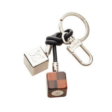 LOUIS VUITTON Damier Cube Keychain Keyring M61008 Silver Brown Metal Leather Wood Women's