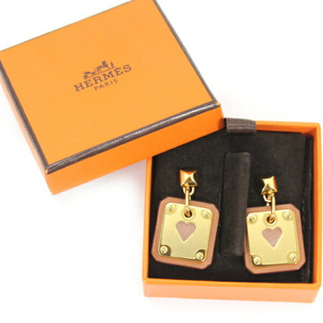 HERMES Earrings Ace of Heart As de Coeur Swift Leather Gold Brown Y Engraved Playing Cards Women's  Convenient T3895