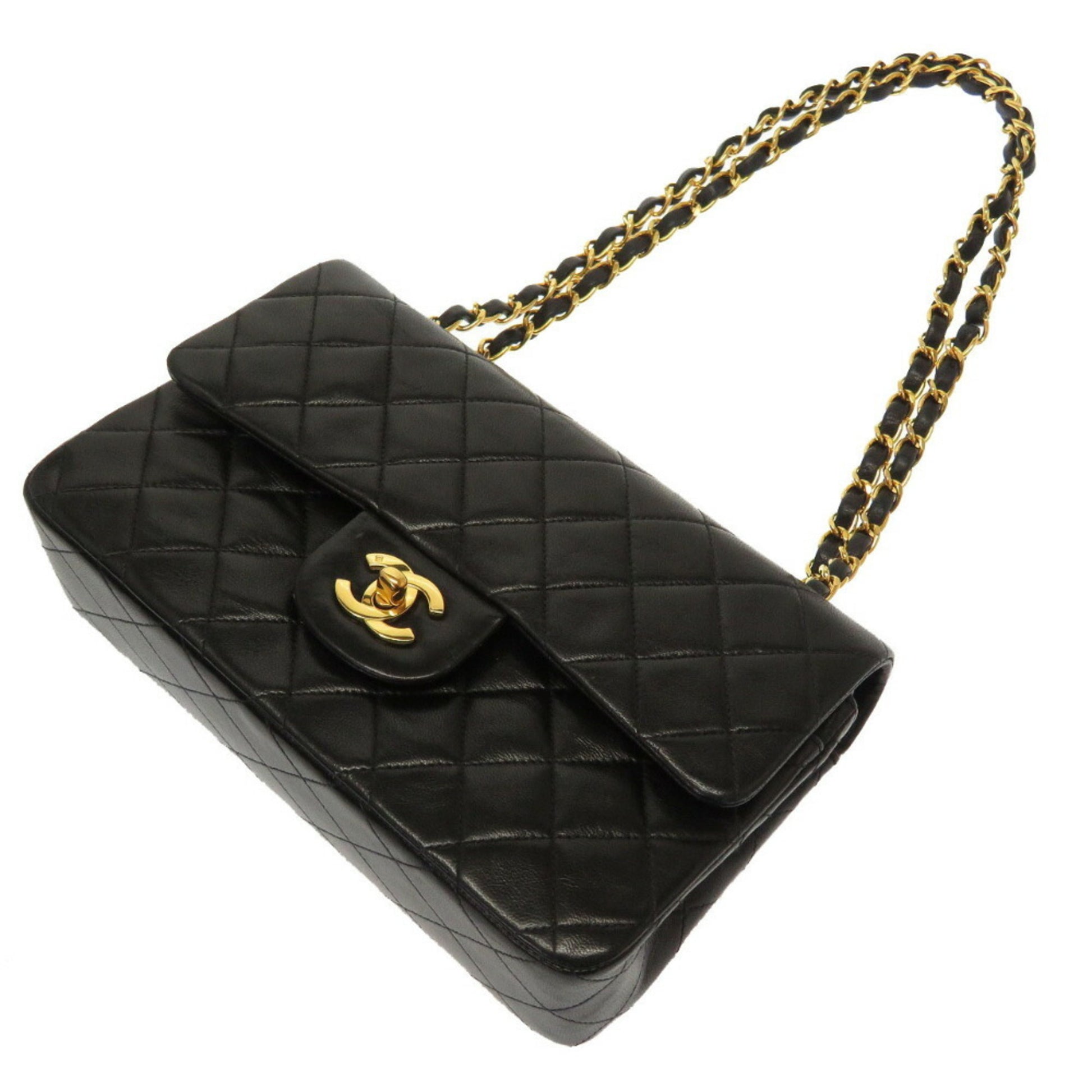Chanel Matelasse 23 Double Flap Lambskin Black Gold Chain Shoulder Bag