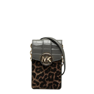MICHAEL KORS Leopard Shoulder Bag Gray Brown Leather Women's
