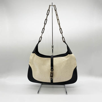 GUCCI 001 4015 Shoulder Bag Chain Jackie Canvas Leather Ivory Black Ladies