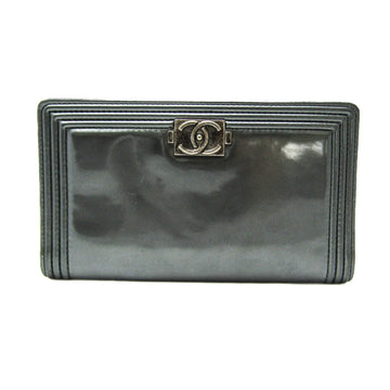 CHANEL Boy  Women's Patent Leather Long Wallet [bi-fold] Metallic Gray