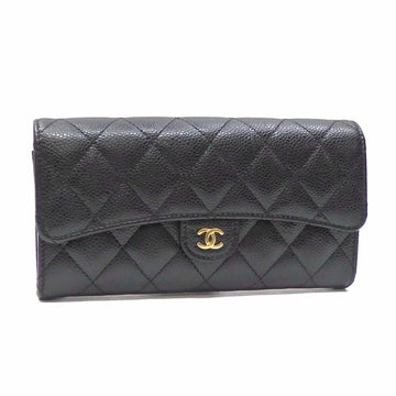 Chanel Bifold Long Wallet Matelasse Women's Black Caviar Skin A80758 Flap Cocomark Leather