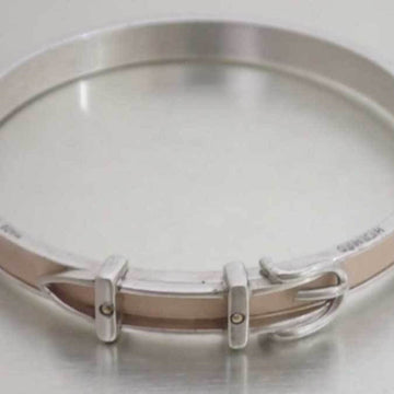 HERMES Bangle Bracelet Belt Motif Metal/Leather Silver x Light Beige Ladies