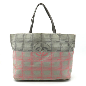 CHANEL New Line Tote MM Bag Shoulder Nylon Jacquard Leather Bicolor Gray Pink 7147