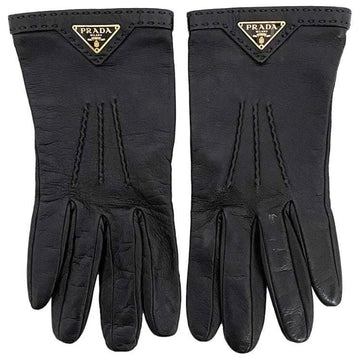 PRADA Gloves Black NERO 1GG746 Size 8 Leather  Triangle Plate