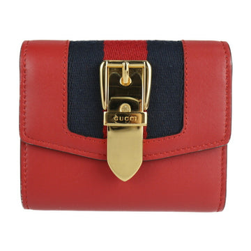 GUCCI Sylvie compact wallet webbing line tri-fold 476081 calf leather red