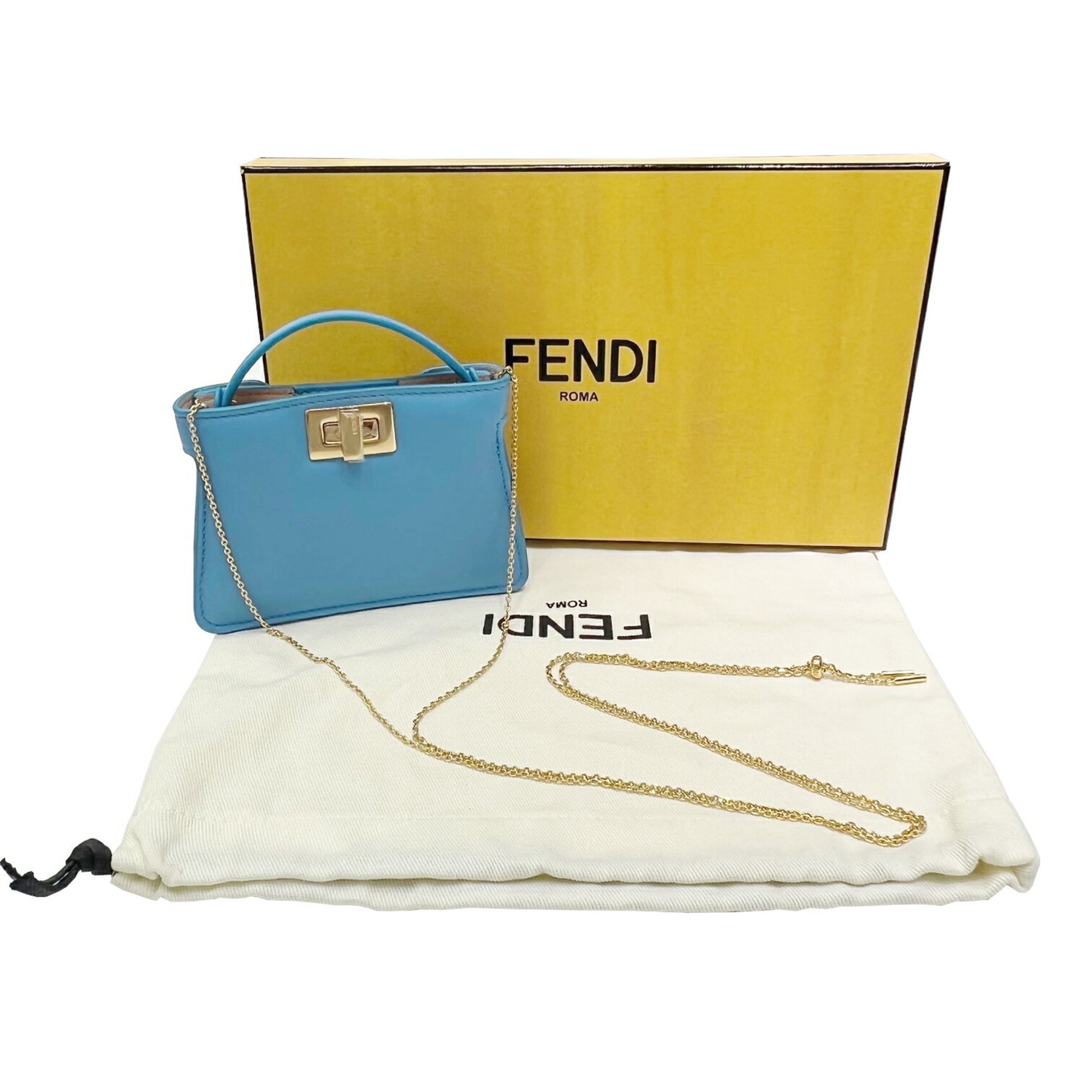 Fendi Peekaboo Nano Chain Shoulder Mini Bag Charm Leather Blue G Hardw