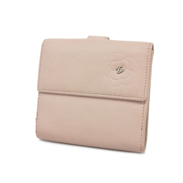 CHANELAuth  Camellia Bi-fold Wallet With Silver Hardware Women's Leather