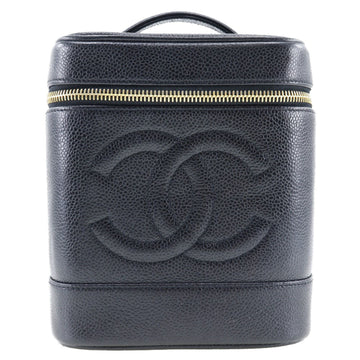 CHANEL Vanity Handbag Coco Mark Matte Caviar Skin Made in France Black Zipper Ladies