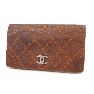 Chanel bi-fold long wallet wild stitch caviar skin brown silver metal