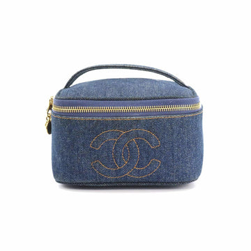 Chanel Vanity Cosmetic Pouch Denim Blue Coco Mark Logo CC Gold Hardware Vintage Bag