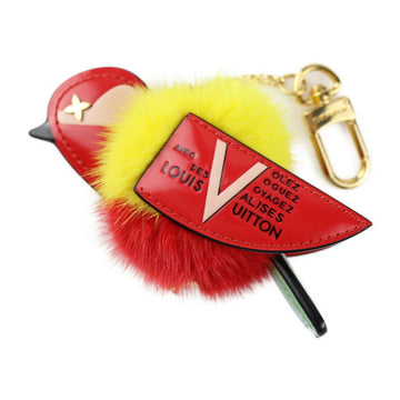 LOUIS VUITTON Bijou Sac Travel Ring Bird Keychain M67390 Leather Fur Red Yellow Gold Hardware Bag Charm Motif