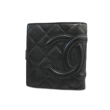 Chanel bi-fold wallet cambon line leather black silver Metal