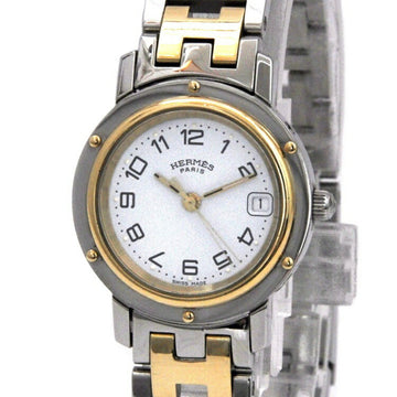 HERMES Watch Clipper White Silver Gold CL4.220 SS Quartz  Date Ladies Combination Battery Round Studs