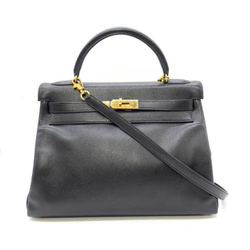 HERMES Bag Kelly 32 Inner Sewing Black Handbag Shoulder Ladies Voga River Leather C Stamp
