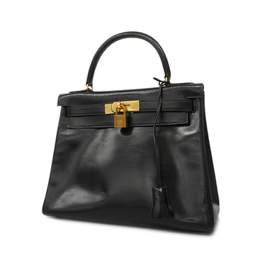 Hermes Kelly 28 ???R Stamped Women's Box Calf Leather Handbag Black
