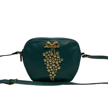 YVES SAINT LAURENT Ribbon Metal Fittings Studs Leather Genuine Shoulder Bag Pochette Green 31316