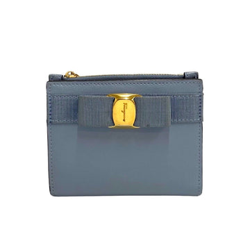 SALVATORE FERRAGAMO Vara Ribbon Hardware Leather Genuine Bifold Wallet Mini Blue