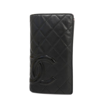 CHANELAuth  Cambon Bifold Long Wallet Silver Metal Fittings Leather Black