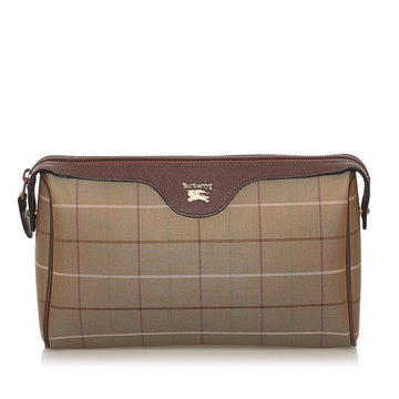Burberry Check Clutch Bag Second Khaki Brown Canvas Leather Ladies BURBERRY