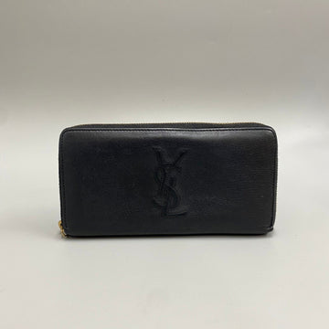 YVES SAINT LAURENT Logo Stitch Hardware Leather Genuine Round Zip Long Wallet Black 45915