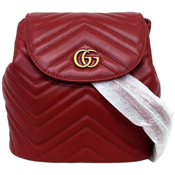 Gucci Backpack Red Gold Marmont 528129 Flap Leather GUCCI GG Quilting Chain Women's Double G