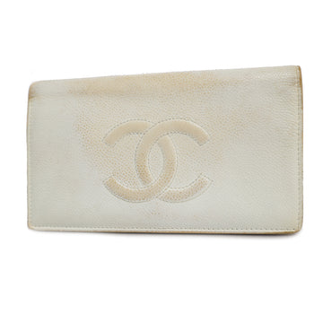 CHANELAuth  Bi-fold Long Wallet With Silver Metal Fittings Caviar Leather White