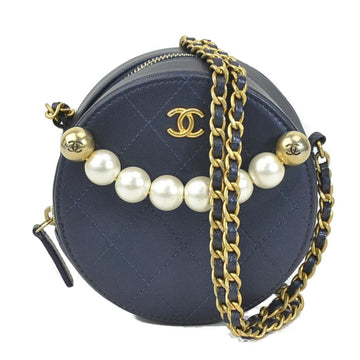CHANEL Crossbody Shoulder Bag Pochette Coco Mark Leather/Metal/Fake Pearl Navy/Gold/Off-White Women's