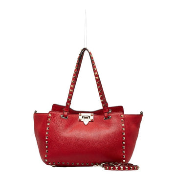 VALENTINO Studded Handbag Shoulder Bag Red Leather Women's