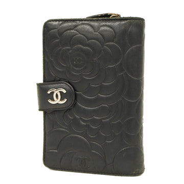 CHANELAuth  Camellia Bi-fold Wallet With Silver Hardware Women's Lambskin Black