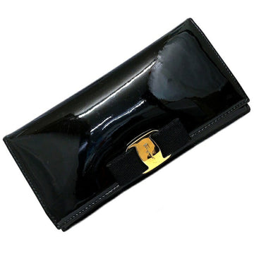 SALVATORE FERRAGAMO Long Bi-Fold Wallet Vala Patent Enamel Leather Ribbon Metal Fittings Women's