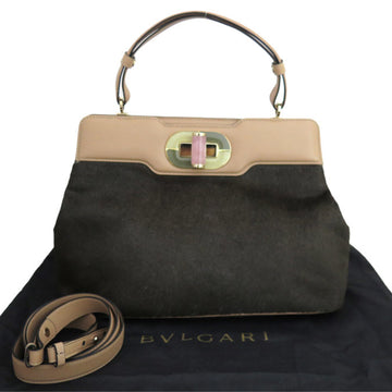 BVLGARI 2Way Bag Handbag Shoulder Isabella Rossellini Harako/Leather Dark Brown/Beige Women's
