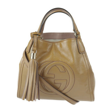 Gucci Soho Handbag 336751 Enamel Light Brown Gold Hardware Interlocking G 2WAY Shoulder Bag Fringe Tassel Patent Leather