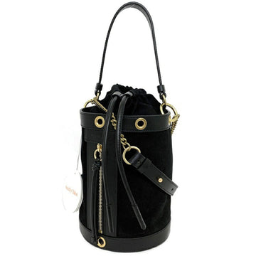 SEE BY CHLOE  Shoulder Bag Black Gold DEBBIE Calf Leather Velor Bucket Chain 2way Handbag Ladies