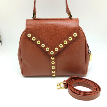 YVES SAINT LAURENT Y Studs 2WAY Handbag Leather Brown Gold Hardware Women's