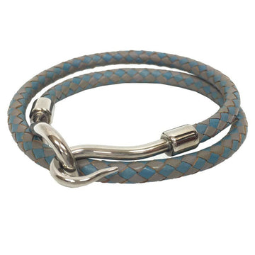 HERMES Jumbo Choker 2 Row Bracelet Leather Intrecciato Bicolor Men's Women's Gray x Light Blue aq9332
