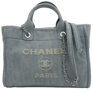 CHANEL Denim Shopping Bag Tote Light Blue Deauville Women's