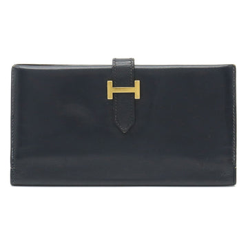 HERMES Bearn classic bi-fold long wallet BOX calf leather dark navy blue ○ Y stamped