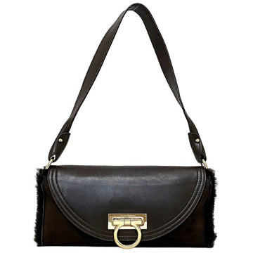 Ferragamo Brown Gold Gancini EZ-21 4887 Suede Leather GP Salvatore Flap Handbag Ladies