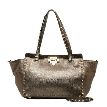 VALENTINO Rockstud Handbag Shoulder Bag Silver Brown Leather Ladies