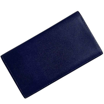 HERMES Bifold Long Wallet Fleming Navy Billfold Leather Vaux Epson T Engraved  Folding Blue Ladies