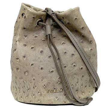 FURLA Drawstring Shoulder Bag Gray Beige Leather  2way Pouch Clutch Greige Ladies Dull Color