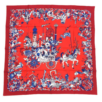 HERMES scarf muffler Carre 90 La Folle Parade 2020SS rouge x blue blanc red 100% silk