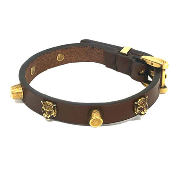 Gucci Cat Head Bracelet 501543 Leather Brown Gold Unisex
