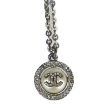 CHANEL necklace metal fake pearl rhinestone silver white coco mark pendant