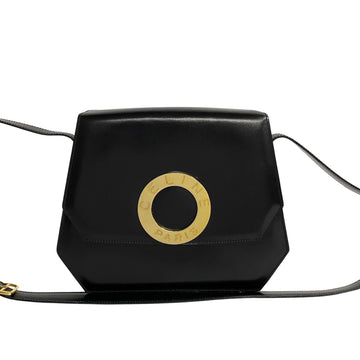 CELINE Circle Metal Fittings Calf Leather Shoulder Bag Pochette Black Red Lining 24315