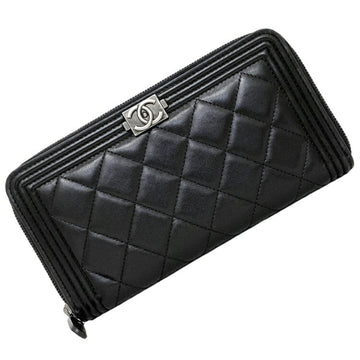 Chanel Round Long Wallet Black Silver Boy A80288 Lambskin 19s CHANEL Cocomark Matrasse Leather Ladies Quilting