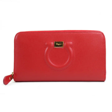 SALVATORE FERRAGAMO Round Zipper Long Wallet Gancini Leather Red Ladies